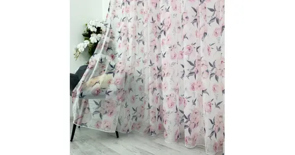 Perdea din Voal imprimat - Alb cu bujori roz, 500cm x 232cm , Rejansa pt bara Nu rata