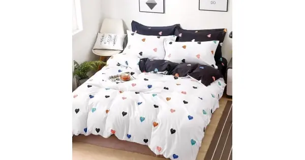 Reducere de preț Lenjerie pat dublu cu ELASTIC (160x200cm, 180x200cm), Finet Soft, 4 piese, Alb, inimioare