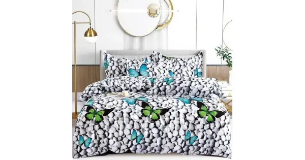 Lenjerie pat dublu cu ELASTIC (160x200cm, 180x200cm), Finet Soft, 4 piese, Gri, pietre, fluturi Cel mai vândut