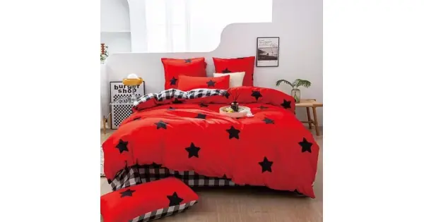 Lenjerie pat dublu (140x200cm, 160x200cm, 180x200cm), Finet Soft, cearsaf clasic, 4 piese, Rosu, stelute Disponibil imediat