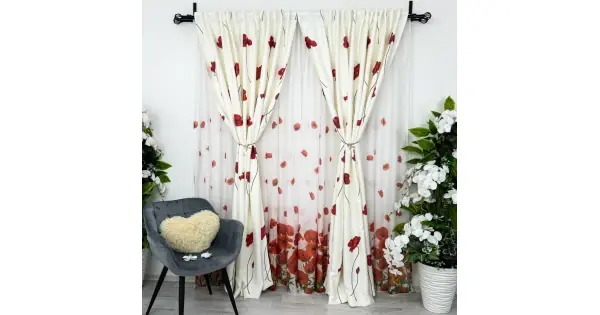 Set Perdea din Matase si Draperie Satinata imprimata, Alb cu Maci rosii, PERDEA - 1 BUC 3m latime, DRAPERIE - 2 Buc de 1m latime, inaltime 2m, cu rejansa pt sina Disponibil imediat