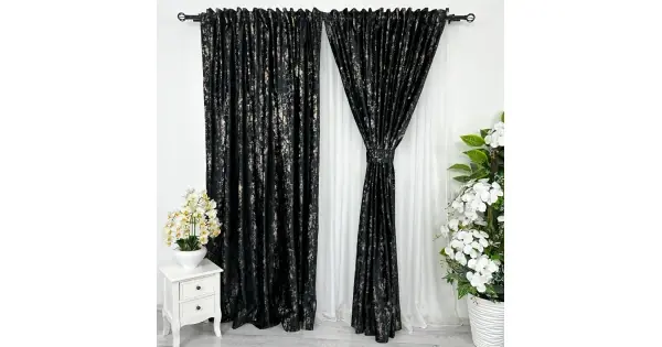 Livrare expres Set 2 Draperii Catifea cu insertii aurii, 2m latime x 2.3m inaltime. cu rejansa pt sina, Negru