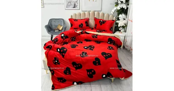 Cel mai bun preț Lenjerie pat dublu, Super Pufoasa COCOLINO cu BLANITA, 4 piese, Rosu-Negru, inimioare