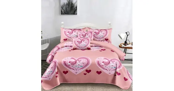 Lenjerie pat dublu, Super Pufoasa COCOLINO,cu ELASTIC, 4 piese, Roz, inimioare Discount