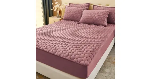 Husã matlasatã tip topper din catifea, 160x200cm + 2 fete de perna 50x70cm, roz pudra Livrare expres