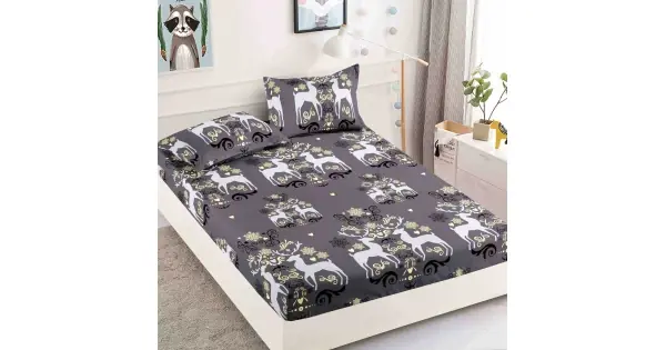 Cearsaf cu elastic, Bumbac FINET, 160/180x200cm, 2 fete de perne 50x70cm, Jojo Home, Craciun, Gri, reni Reducere de preț
