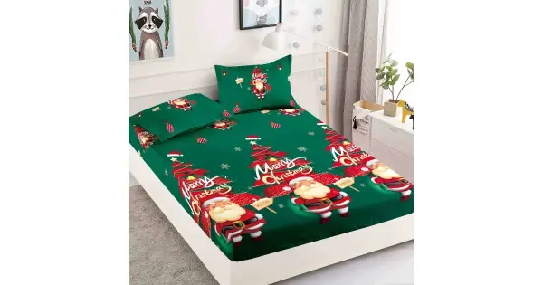 Cearsaf cu elastic, Bumbac FINET, 160/180x200cm, 2 fete de perne 50x70cm, Jojo Home, Craciun, Verde, Mos Craciun, brazi Expediere rapidă