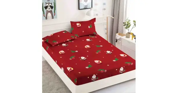 Promoție Cearsaf cu elastic, Bumbac FINET, 160/180x200cm, 2 fete de perne 50x70cm, Jojo Home, Craciun, Rosu, Mos Craciun