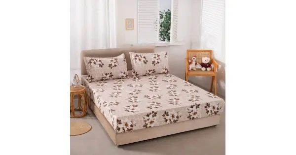 Livrare expres Cearsaf cu elastic, Bumbac Satinat, 160/180x200cm, 2 fete de perne 50x70cm, Bej, flori
