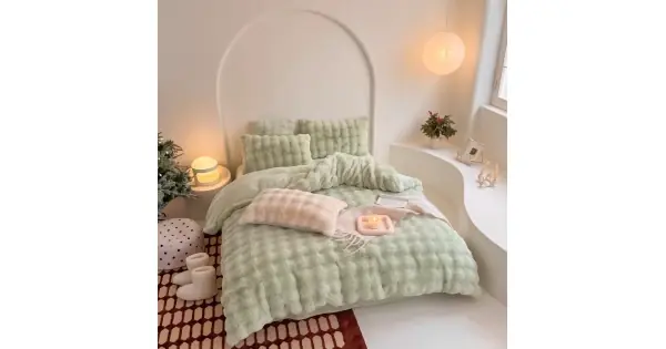 Lenjerie de Pat Dublu, ExtraPufoasa din Blăniță Artificială de Iepure, 4 piese, Verde – Confort Premium și Eleganță Absolută Doar azi