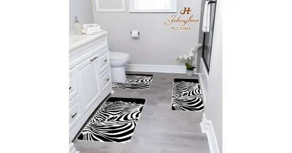 Ieftin Set 3 covoare pentru Baie, Negru, animal print