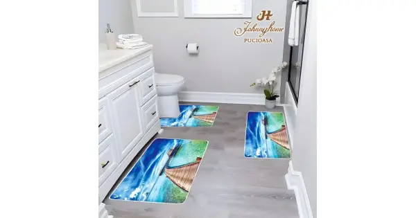 Plată sigură Set 3 covoare pentru Baie, Albastru, apa