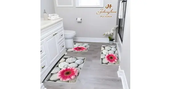 Set 3 covoare pentru Baie, Gri, pietre, flori Livrare expres