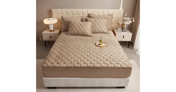 Husã matlasatã tip topper din catifea, 140x200cm + 2 fete de perna 50x70cm, cappuccino Reduceri