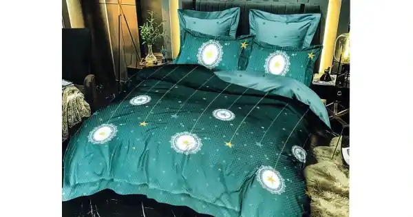 Calitate înaltă Lenjerie pat dublu, Ralex Pucioasa, Finet, 6 piese, cu elastic, Verde, stelute
