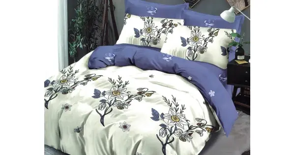 Vezi acum Lenjerie pat dublu, Ralex Pucioasa, Finet, 6 piese, cu elastic, Alb-Bleu, flori