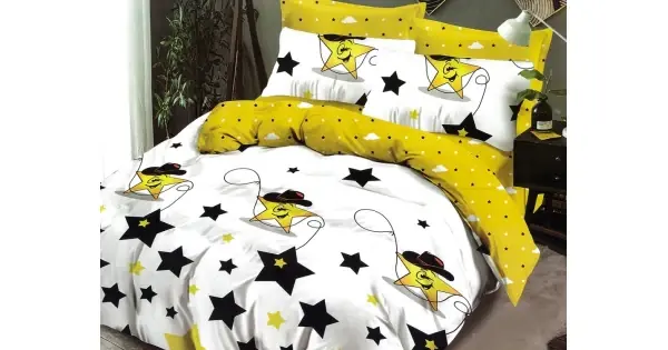 Cel mai vândut Lenjerie pat dublu, Ralex Pucioasa, Finet, 6 piese, cu elastic, Alb-Galben, stelute