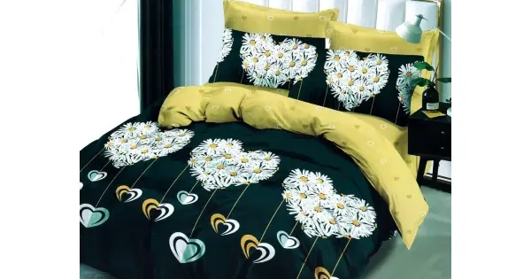 Comandă acum Lenjerie pat dublu, Ralex Pucioasa, Finet, 6 piese, cu elastic, Verde, flori, inimioare