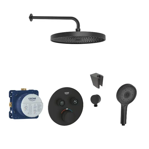 SANITINO - Set de duș cu termostat și corp încastrat Grohe, accesorii kielle, negru mat SANI21GKK400 Plată sigură