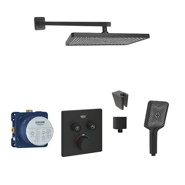 SANITINO - Set de duș cu termostat și corp încastrat Grohe, accesorii kielle, negru mat SANI21GKK402 Preț redus