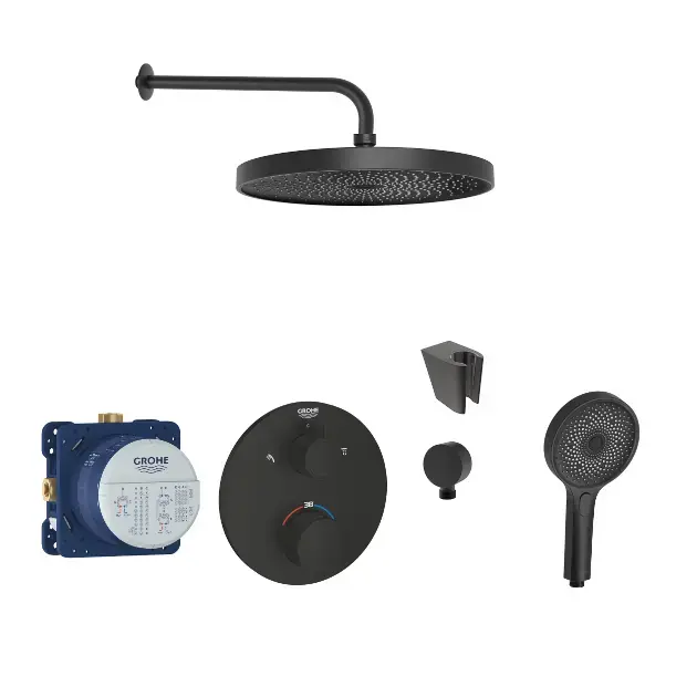 SANITINO - Set de duș cu termostat și corp încastrat Grohe, accesorii kielle, negru mat SANI21GKK403 Cel mai bun preț