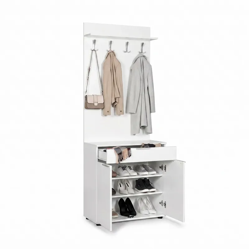 Reducere de preț Cuier cu Pantofar Adore Porto Aero, cu Sertar, Alb - Natur, 73x187x36 cm