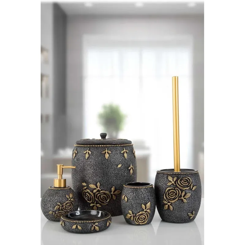 Set de Baie Lux Elvin, Dozator de sapun, Perie, Suport de periuta de dinti, Sapuniera, Coș de Gunoi, Gri, 40x120 cm Calitate înaltă