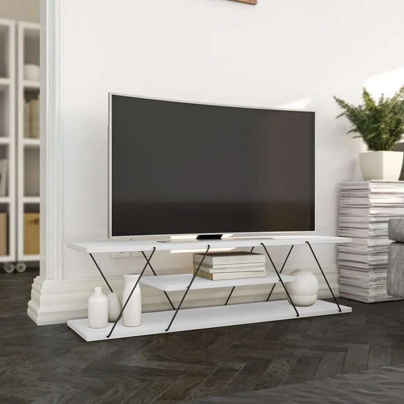 Comoda Tv Alparslan cu Raft, Alb - Gri, 120x33x30 cm Retur ușor