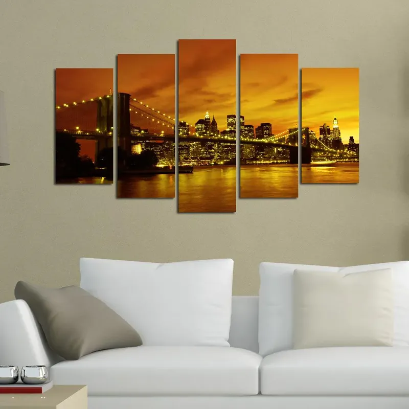 Tablou MDF ( 5 buc ) Brooklyn Bridge, Multicolor, 60x110 cm Preț mic