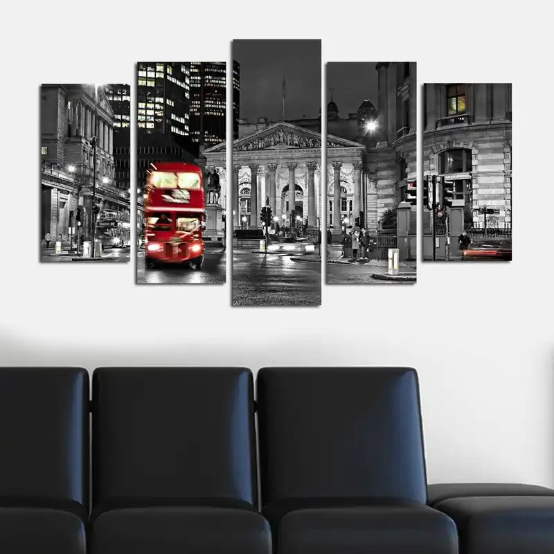Reducere specială Tablou MDF ( 5 buc ) London Autobuz Rosu, Multicolor, 60x110 cm
