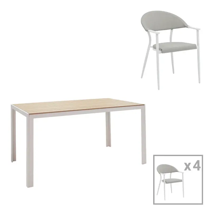 Preț mic Set de 5 buc masa si scaune de gradina Nares-Pino A aluminiu alb si placaj, Natural, 140x80x72 cm