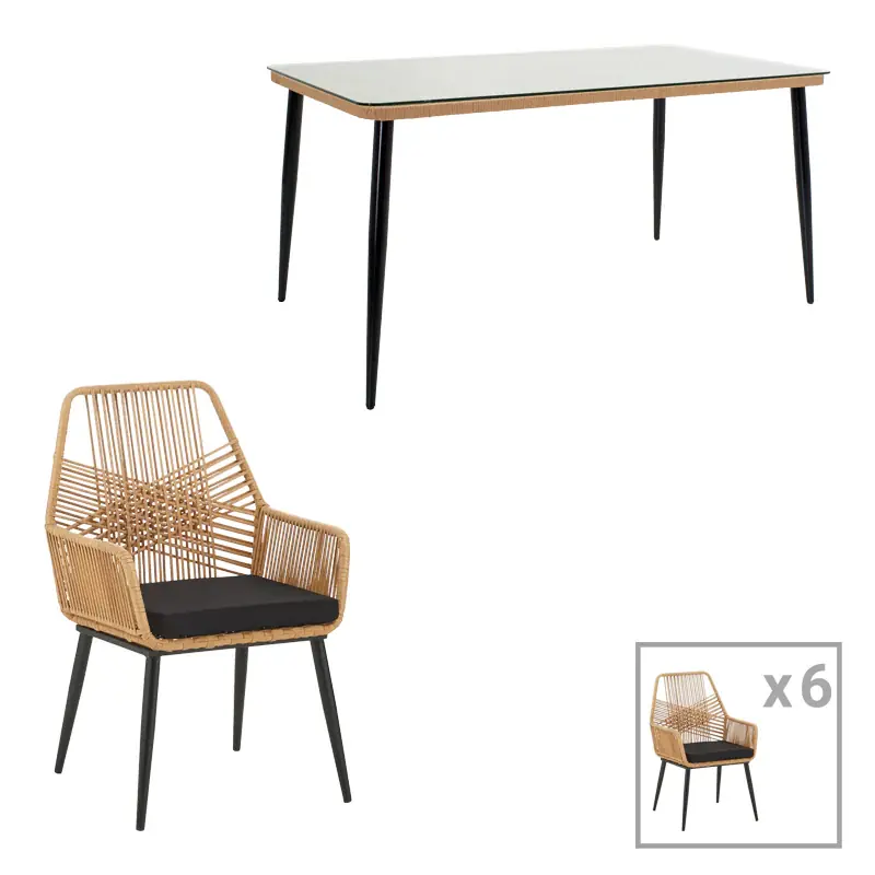Retur ușor Set de Masa de restaurant Naoki-Tanish din de 7 piese din ratan Natural-metal-negru-sticla, 160x90x78 cm